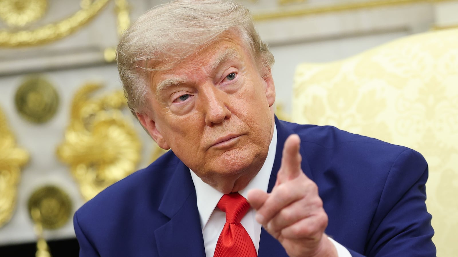President Donald Trump takes questions from the media during a bilateral meeting with President of Lebanon Joseph Aoun in the Oval Office of the White House on July 21, 2026 in Washington, DC.