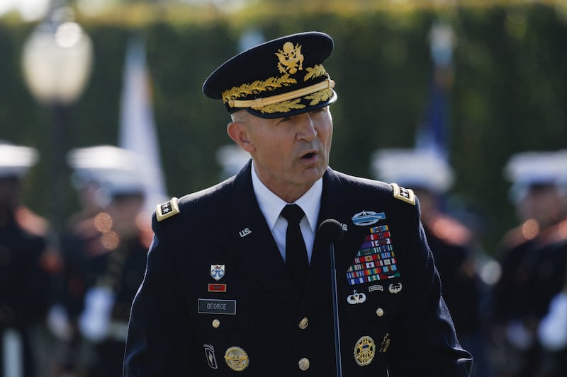 General Randy George, Chief of Staff of the U.S. Army speaks during a ceremony honoring prisoners of war, at the Pentagon in Washington, D.C. U.S., September 19, 2025.