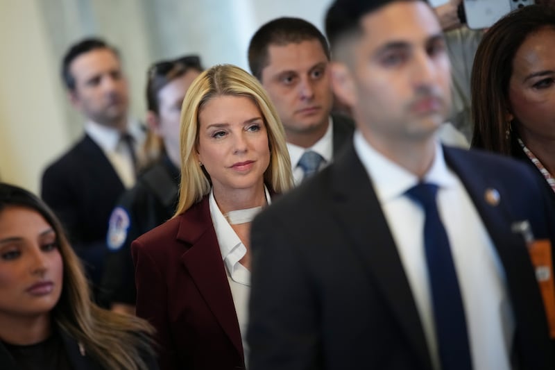 Former Attorney General Pam Bondi arrives to testify at a closed-door interview with the House Oversight Committee on Capitol Hill on May 29, 2026 in Washington, DC.