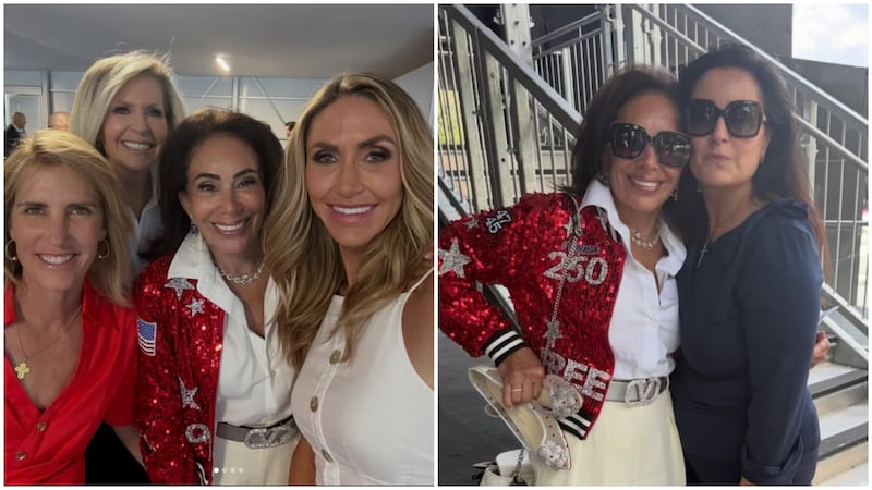 Jeanine Pirro poses with friends in red sequined America 250 jacket.