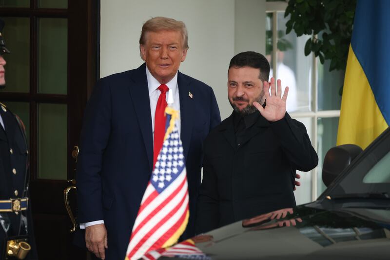 President Donald Trump greets Ukrainian President Volodymyr Zelensky at the White House on August 18, 2025 in Washington, DC.