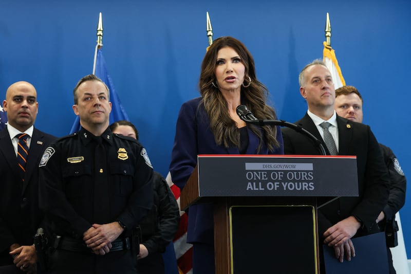 US Secretary of Homeland Security Kristi Noem speaks during a press conference to discuss ICE operations in New York City on January 8, 2026. (Photo by TIMOTHY A.CLARY / AFP via Getty Images)