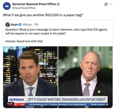 Gavin Newsom Mocks Trump’s Border Czar Tom Homan Over FBI Bribery Scandal