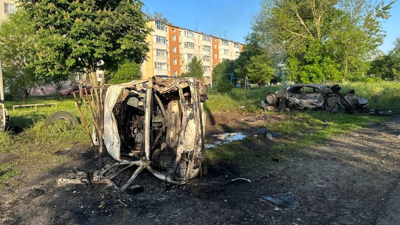 Images allegedly showing damage after a shelling attack on Shebekino, Russia.