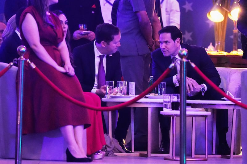 U.S. Secretary of State Marco Rubio chats with U.S. Ambassador to India Sergio Gor at an event celebrating the United States' 250th anniversary, at the Bharat Mandapam convention center, in New Delhi, India, Sunday, May 24, 2026.