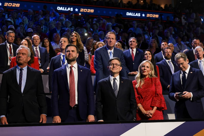 Secretary of Health and Human Services Robert F. Kennedy Jr, Vice President J.D. Vance, House Speaker Mike Johnson (R-LA) and his wife Kelly Lary, and Treasury Secretary Scott Bessent react as  President Donald Trump speaks on stage during the Republican National Midterm Convention in Dallas, Texas, on September 9, 2026.