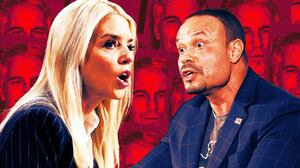 A photo illustration of Pam Bondi, Dan Bongino, and a background of Jeffrey Epstein photos.