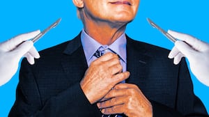 A photo illo illustration of a man wearing a suit and tie and scalpels.