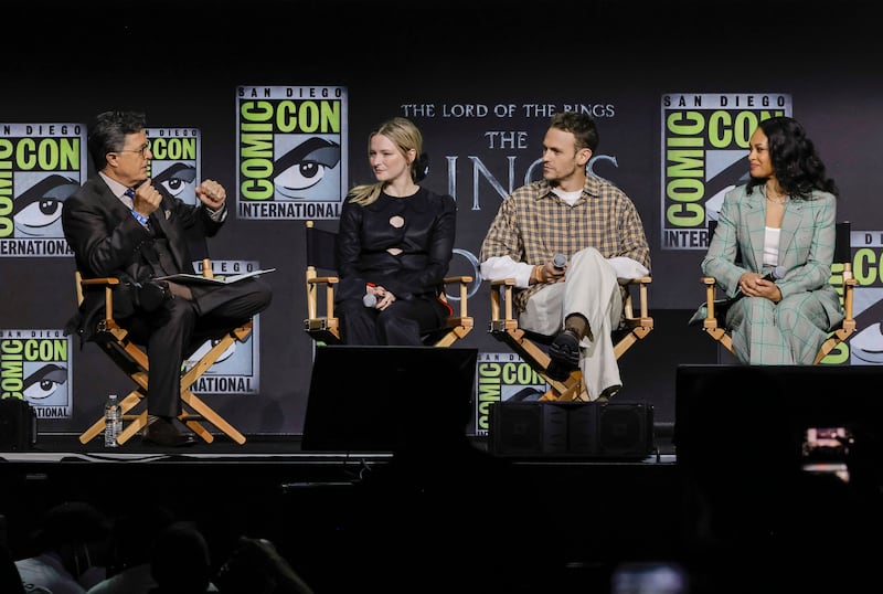 Stephen Colbert speaks with the cast of "The Lord of the Rings: The Rings of Power" during 2022 Comic-Con International: San Diego.