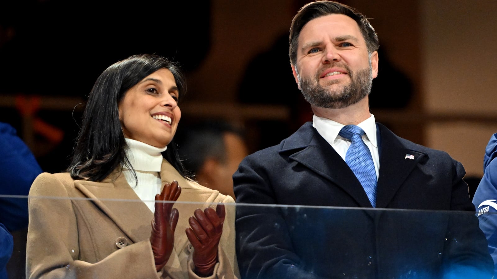 JD Vance, Vice President of the United States, with his wife Usha (left) during the Opening Ceremony for the Milano Cortina 2026 Winter Olympics, San Siro, Milan.