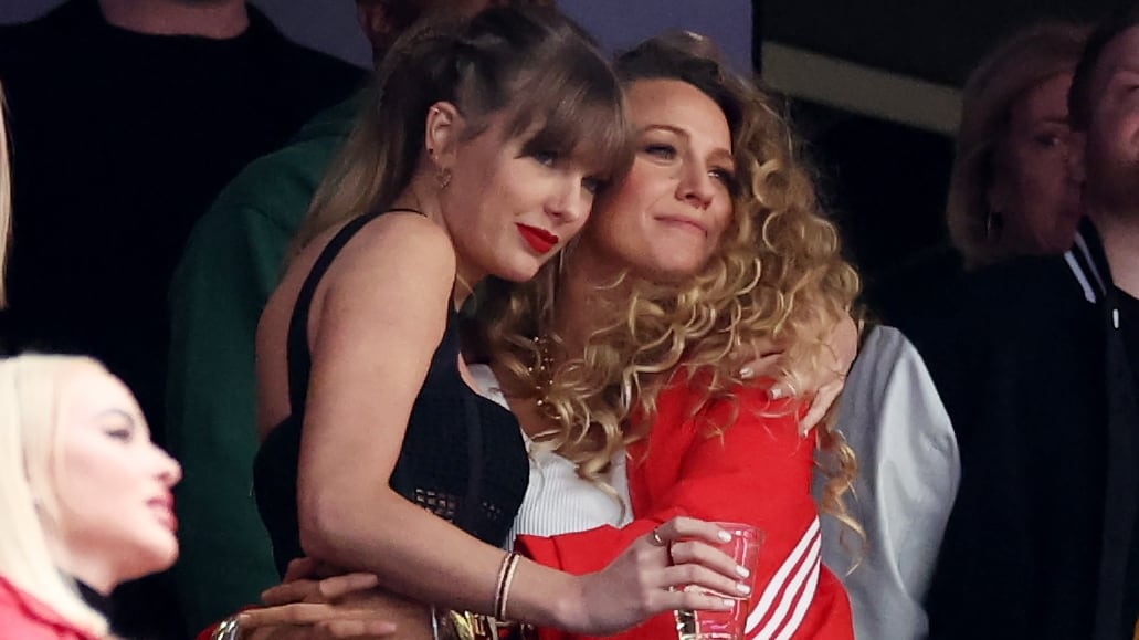 Singer Taylor Swift and Actress Blake Lively hug prior to Super Bowl LVIII between the San Francisco 49ers and Kansas City Chiefs at Allegiant Stadium on February 11, 2024 in Las Vegas, Nevada.