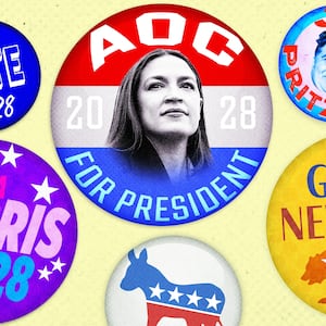 A photo illustration of 2028 democratic campaign buttons and pins. AOC, Pritzker, Newsom, Buttigeg, and Kamala Harris.
