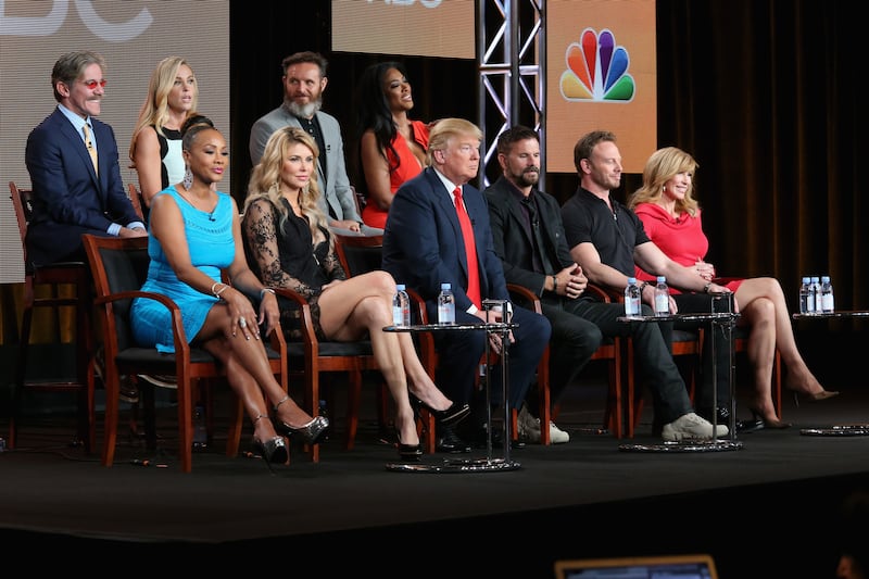 Geraldo Rivera, TV personality Kate Gosselin, executive producer Mark Burnett and actress Kenya Moore. (L-R bottom row) Actress Vivica A. Fox, TV personality Brandi Glanville, executive producer/host Donald Trump, actor Lorenzo Lamas, actor Ian Ziering and Tv personality Leeza Gibbons speak onstage during the 'The Celebrity Apprentice' panel discussion at the NBC/Universal portion of the 2015 Winter TCA Tour at the Langham Hotel on January 16, 2015 in Pasadena, California.