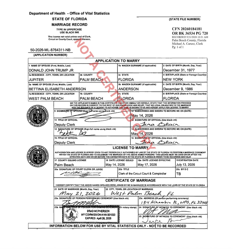 Donald Trump Jr and Bettina Anderson’s marriage certificate.