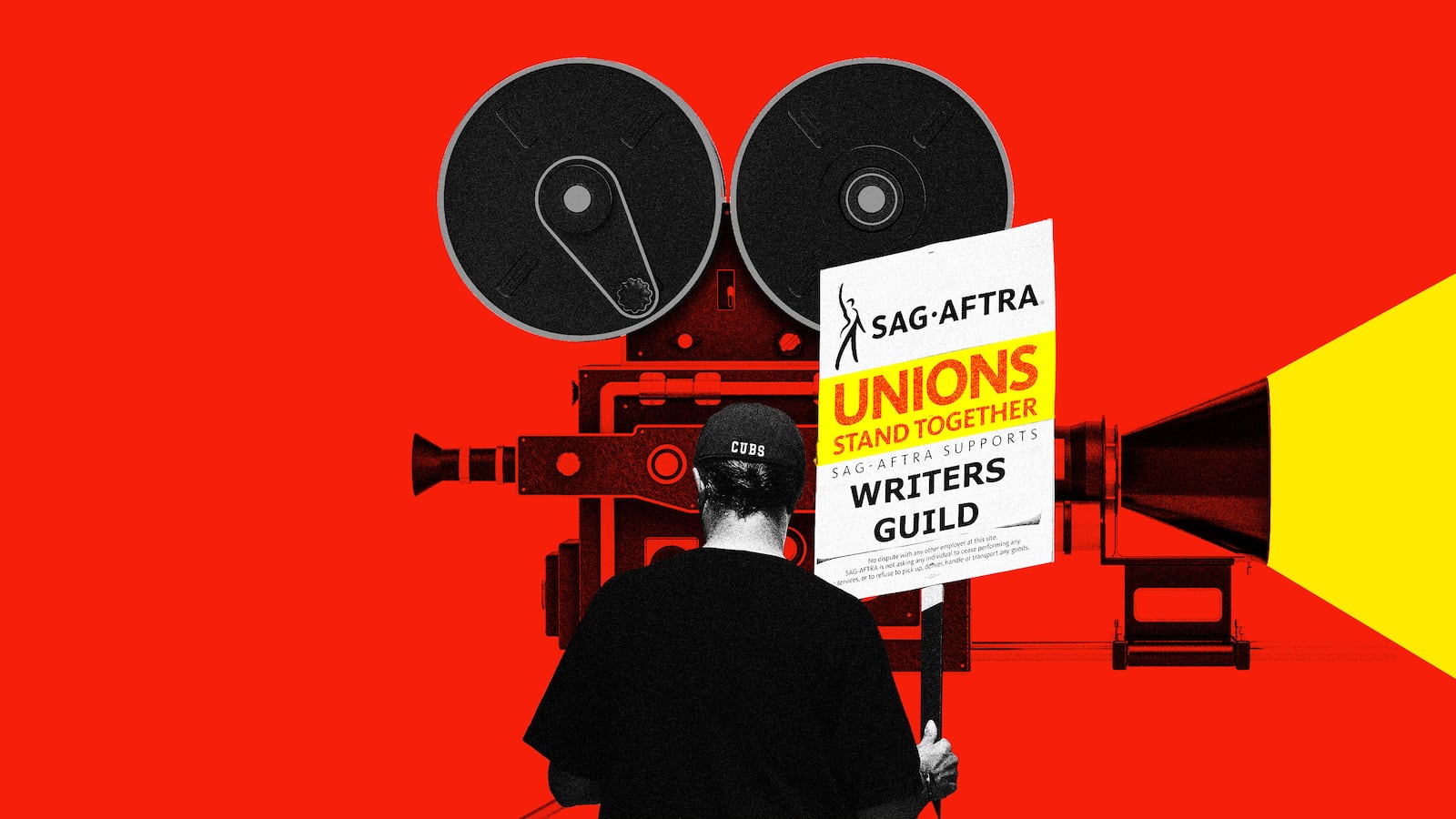 An illustration of a camera rolling amid the SAG-AFTRA strike