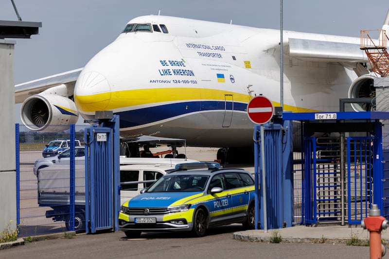 LEIPZIG, GERMANY - AUGUST 5: A Ukrainian Antonov cargo plane stands at Leipzig/Halle Airport on August 5, 2026 near Leipzig, Germany. Airport workers reportedly discovered a drone yesterday on the tarmac near an Antonov at the airport that was equipped with an explosives detonator and an unidentified substance. Additionally, a DHL cargo plane that took off from the airport late last night collided with a small object, causing minor damage. (Photo by Jens Schlueter/Getty Images)