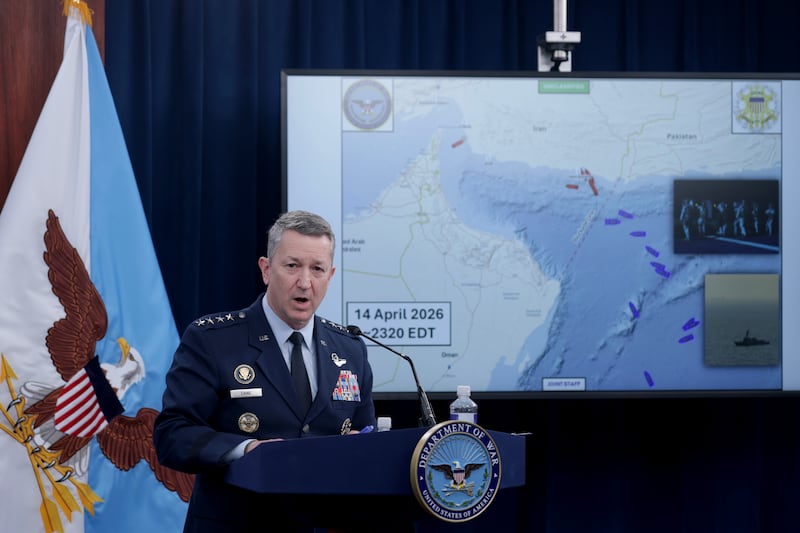 ARLINGTON, VIRGINIA - APRIL 16: Chairman of the Joint Chiefs of Staff Gen. Dan Caine speaks as he displays a map showing the United States Navy's blockade of the Strait of Hormuz during a press briefing at the Pentagon on April 16, 2026 in Arlington, Virginia. Caine spoke about the war between the United States and Israel against Iran as