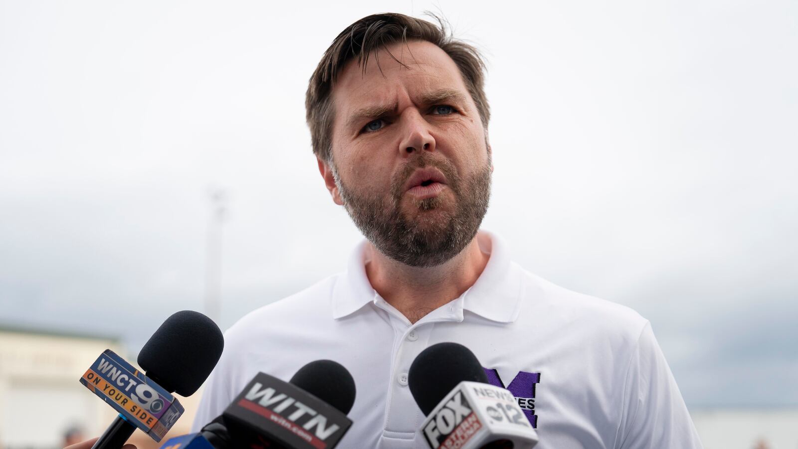 Republican vice presidential nominee, U.S. Sen. J.D. Vance (R-OH) speaks with media at the airport before he departs on September 14, 2024 in Greenville, North Carolina.