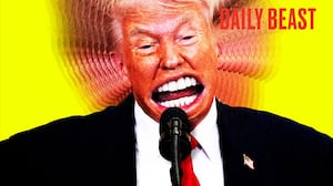Donald Trump with an oversized mouth yelling on a yellow background