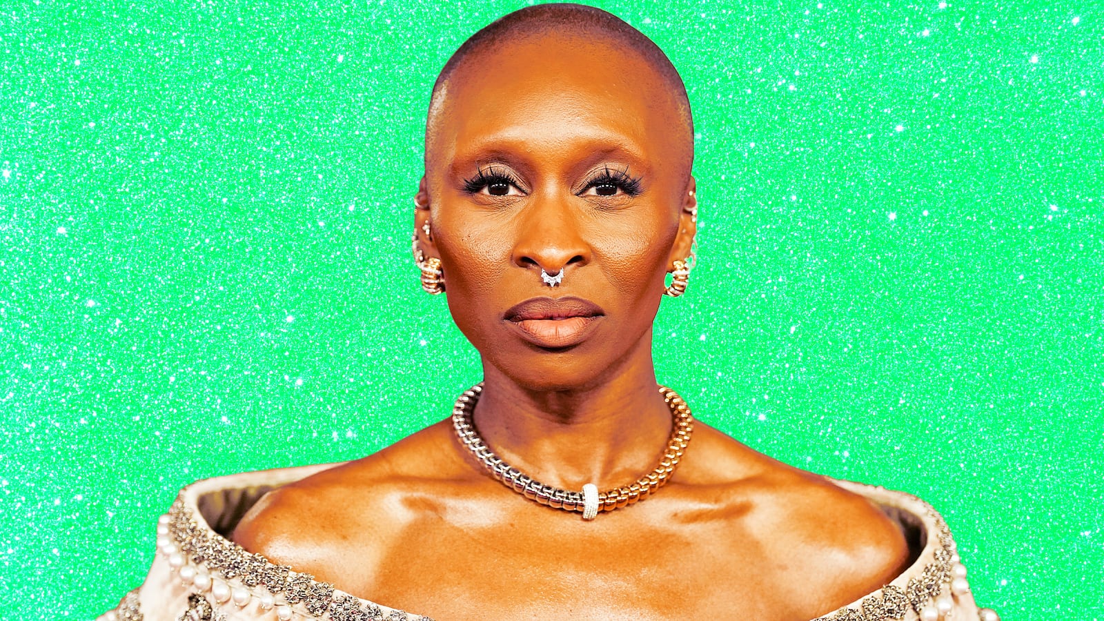 A photo illustration of Cynthia Erivo on a green glitter background.