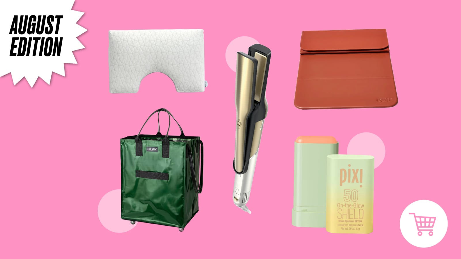 Collage of product picks on a pink background, including a white ergonomic pillow with a cutout, a terracotta-colored foldable Stakt yoga mat, a gold and black hair straightener, a green rolling tote bag with handles, and a Pixi sunscreen stick labeled ‘On-the-Glow Shield SPF 50.’ Decorative text reads ‘August Edition’ in a starburst graphic.