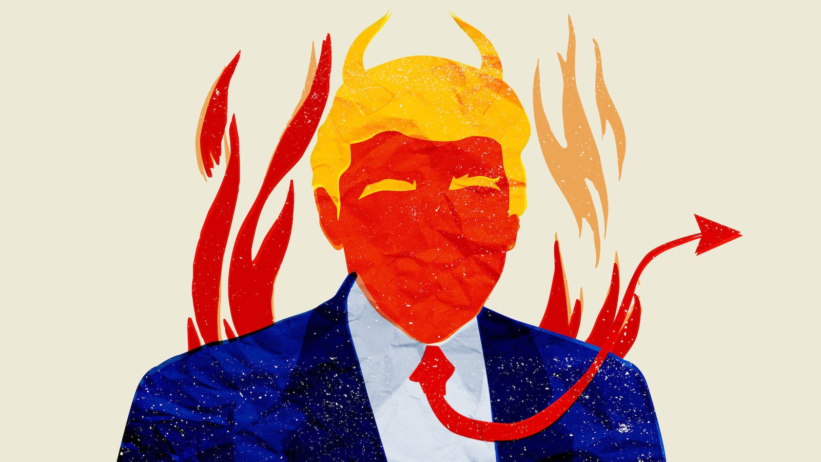Illustration of Donald Trump with his red tie as a devil's tail and horns from his hair and fire behind him