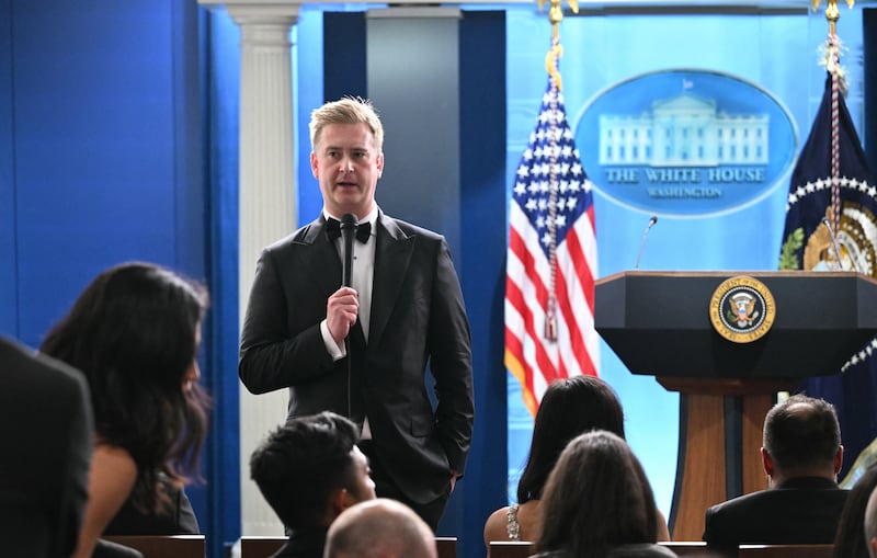 Fox News senior White House correspondent Peter Doocy reports ahead of a press briefing by US President Donald Trump in the Brady Briefing Room at the White House in Washington, DC, following a shooting incident at the White House Correspondents' Dinner on April 25, 2026.