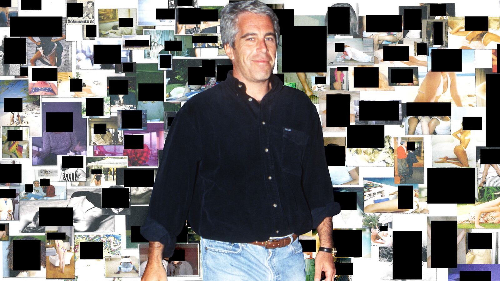 A photo illustration of Jeffrey Epstein in front of pages of from his birthday book of censored women's photos.