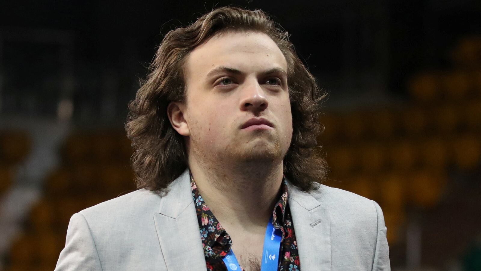 Hans Niemann stares forward at a chess tournament in Kazakhstan in 2022.