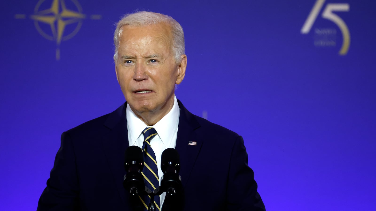 U.S. President Joe Biden delivers remarks during the NATO 75th anniversary celebratory event