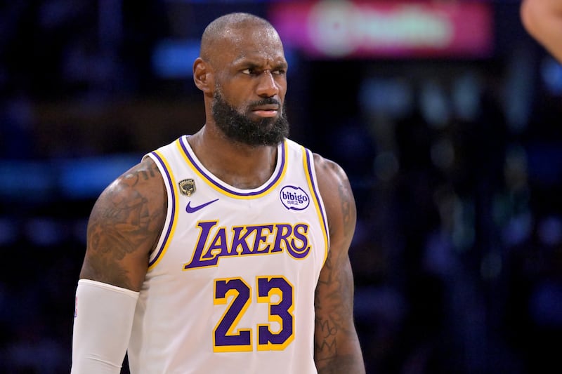 May 9, 2026; Los Angeles, California, USA; Los Angeles Lakers forward LeBron James (23) reacts after a foul in game three of the second round of the 2026 NBA Playoffs against the Oklahoma City Thunder at Crypto.com Arena. Mandatory Credit: Jayne Kamin-Oncea-Imagn Images