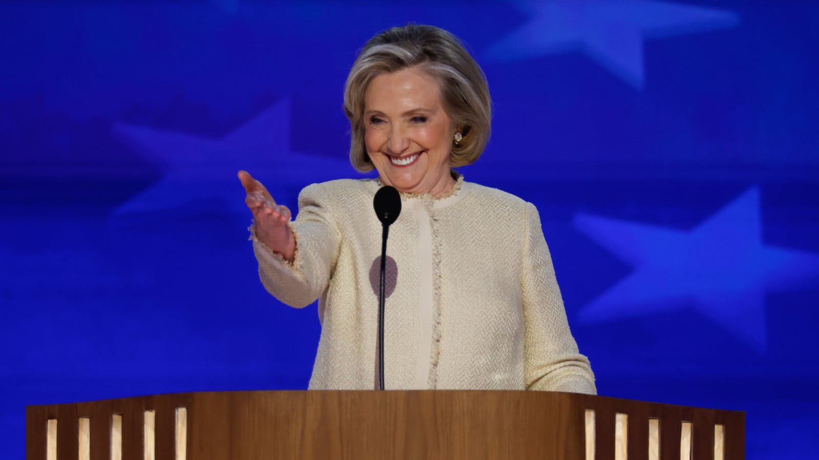 CHICAGO, ILLINOIS - AUGUST 19: Former U.S. Secretary of State Hillary Clinton speaks onstage during the first day of the Democratic National Convention at the United Center on August 19, 2024 in Chicago, Illinois. Delegates, politicians, and Democratic party supporters are in Chicago for the convention, concluding with current Vice President Kamala Harris accepting her party's presidential nomination. The DNC takes place from August 19-22. (Photo by Chip Somodevilla/Getty Images)