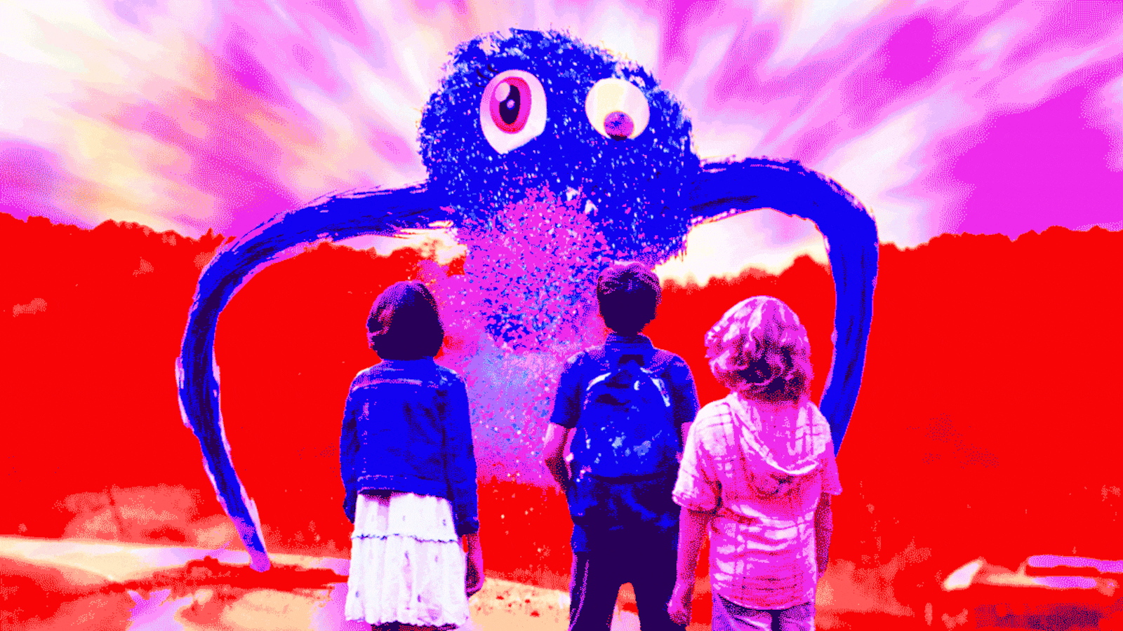 An animated gif of Kue Lawrence, Kalon Cox, and Bianca Belle and a monster in Sketch.