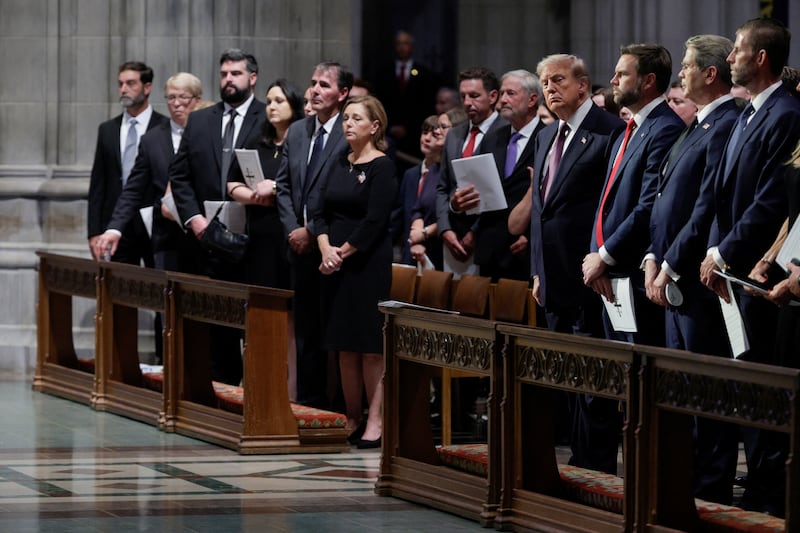 U.S. Sen. Darline Graham Nordone (R-SC), her husband Larry Nordone, U.S. President Donald Trump, U.S. Vice President JD Vance, U.S. Treasury Secretary Scott Bessent, and Eric Trump attend the funeral service for late U.S. Senator Lindsey Graham (R-SC) at Washington National Cathedral in Washington, D.C., U.S., July 28, 2026. REUTERS/Evan Vucci