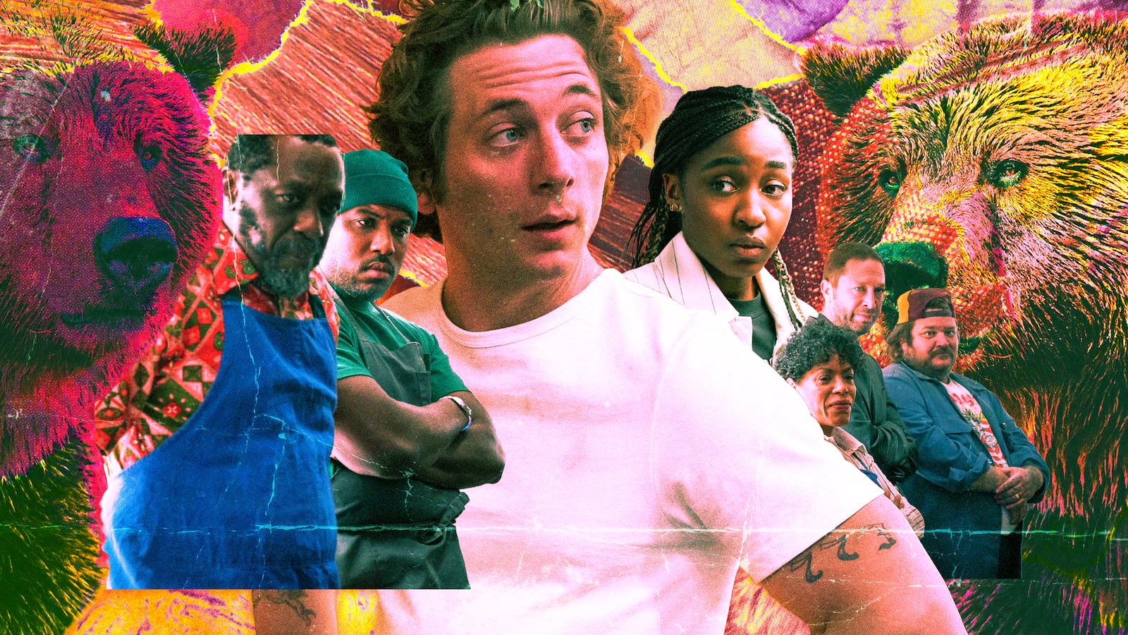 A photo collage of the cast of The Bear with Jeremy White, Ayo Edebiri, Ebon Moss-Bachrach, Matty Matheson, Lionel Boyce, Liza Colón-Zayas, Edwin Lee Gibson.