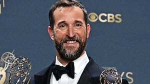 Noah Wyle poses with last year's awards for Outstanding Lead Actor in a Drama Series and Outstanding Drama Series for "The Pitt" in Los Angeles.