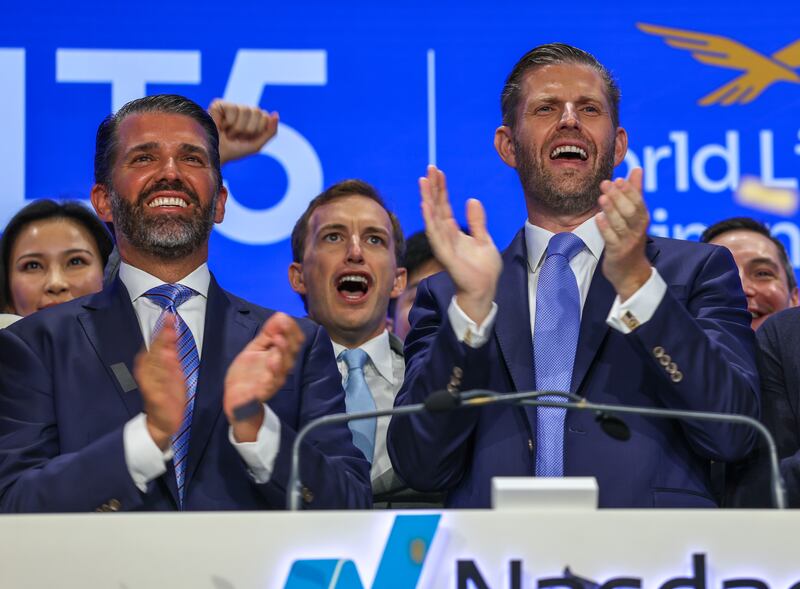Eric Trump and Donald Trump Jr. along with Zach Witkoff mark the $1.5B partnership between World Liberty Financial (WLFI) and ALT5 Sigma with the ringing of the NASDAQ opening bell on August 13, 2025 in New York City. The Trump family has raked in $802 million from its crypto ventures in the first half of the year, according to Reuters.