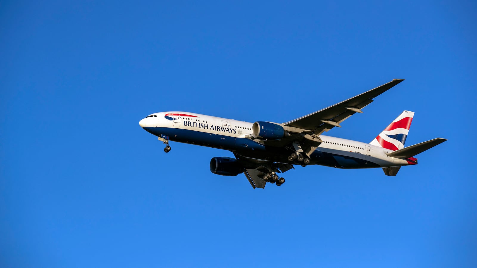 A British Airways Boeing 777 plane landing.