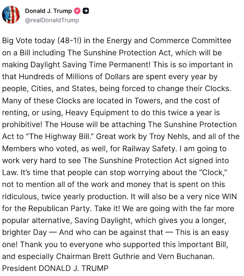 Trump Truth Social post on DST