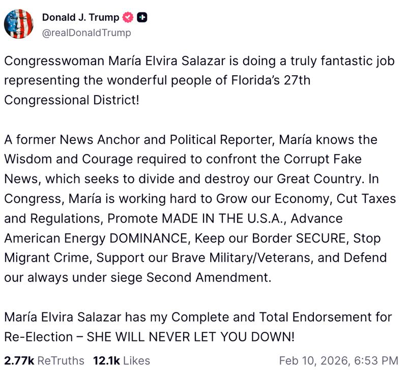 President Donald Trump gave Rep. María Elvira Salazar his “complete and total endorsement” in February.