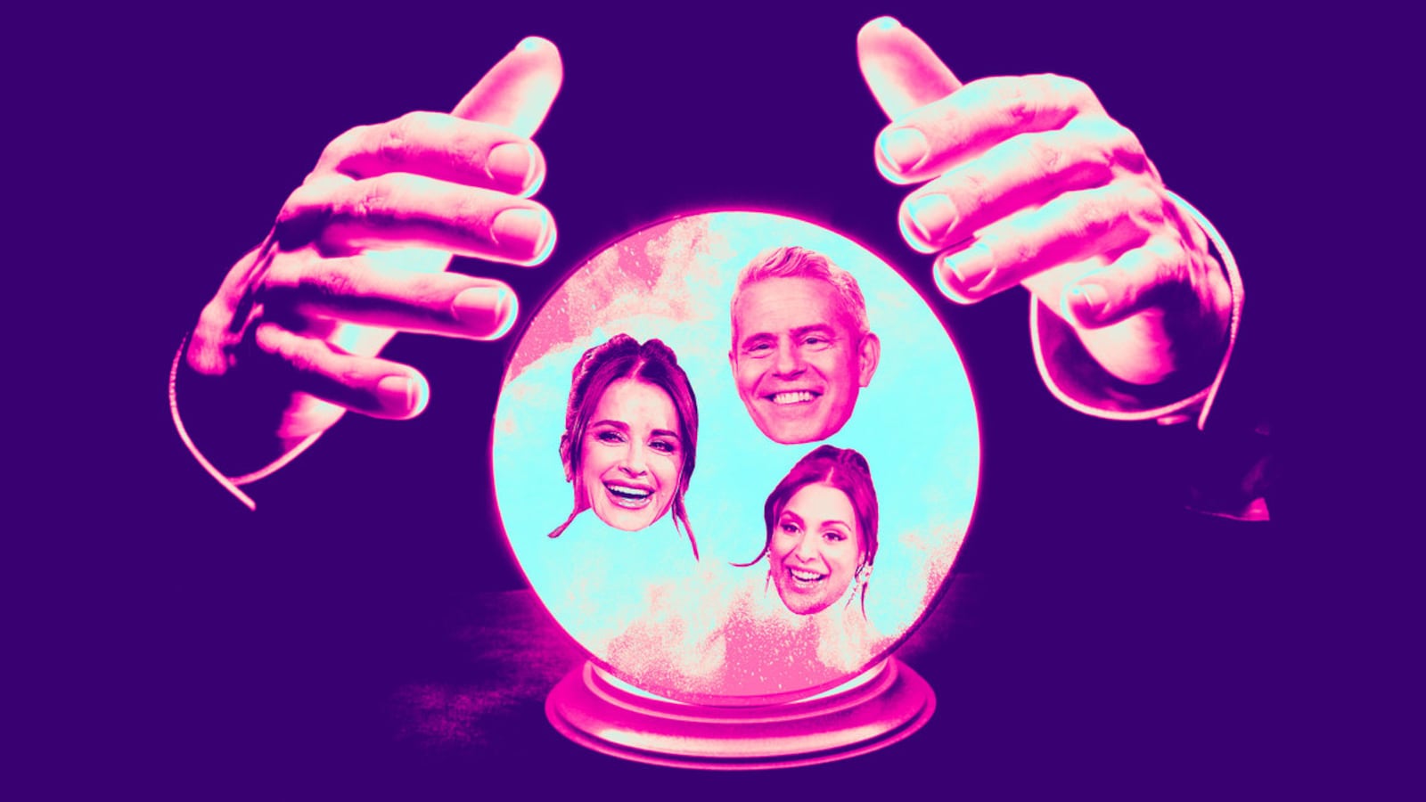A photo illustration of hands over a crystal ball with Andy Cohen, Jessel Taank, and Kyle Richards' faces in the ball.