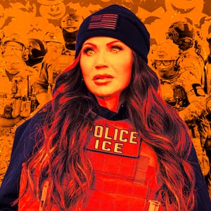 A photo illustration of DHS Kristi Noem in front of ICE and DHS agents and Halloween patterns.