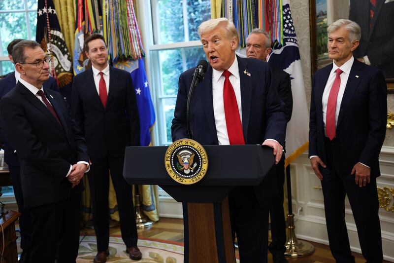 President Donald Trump is joined by Pfizer CEO Albert Bourla and his top health officials as he announced a deal to lower Medicaid drug prices at the White House on September 30, 2025.