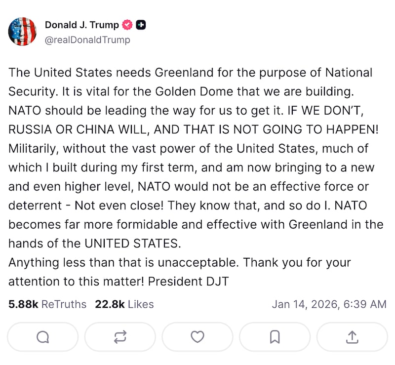 A Truth Social post from President Donald Trump from Wednesday, January 14 about Greenland.