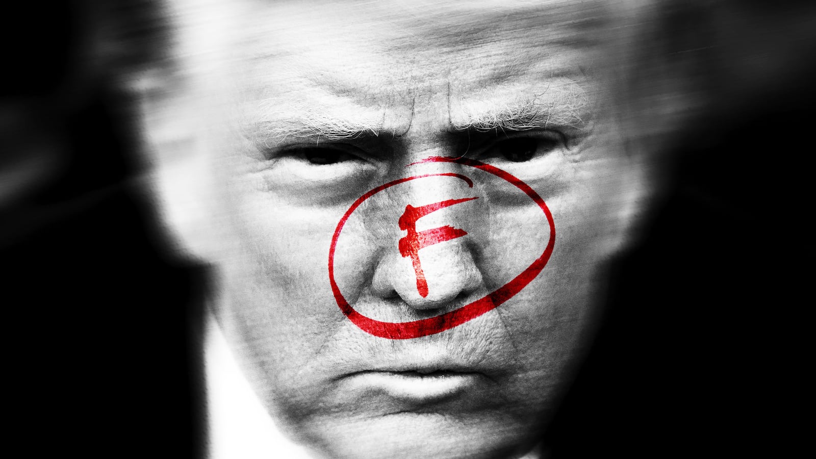 Donald Trump with a circled red "f" like a failing grade on homework over his face