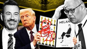 Jimmy Kimmel, Steven Cheung, Donald Trump holding a folder showing the Melania documentary poster