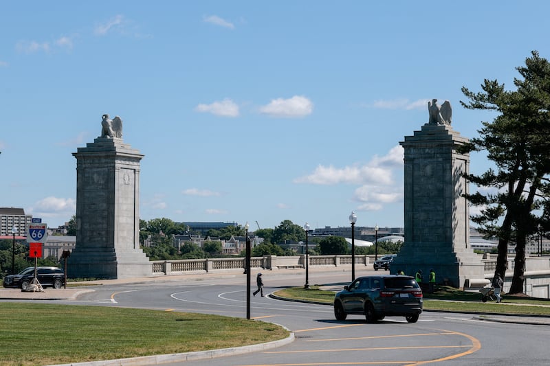 Cars drive around Memorial Circle, the proposed site for U.S. President Donald Trump's "Triumphal Arch", in Washington, D.C., U.S., May 15, 2026.