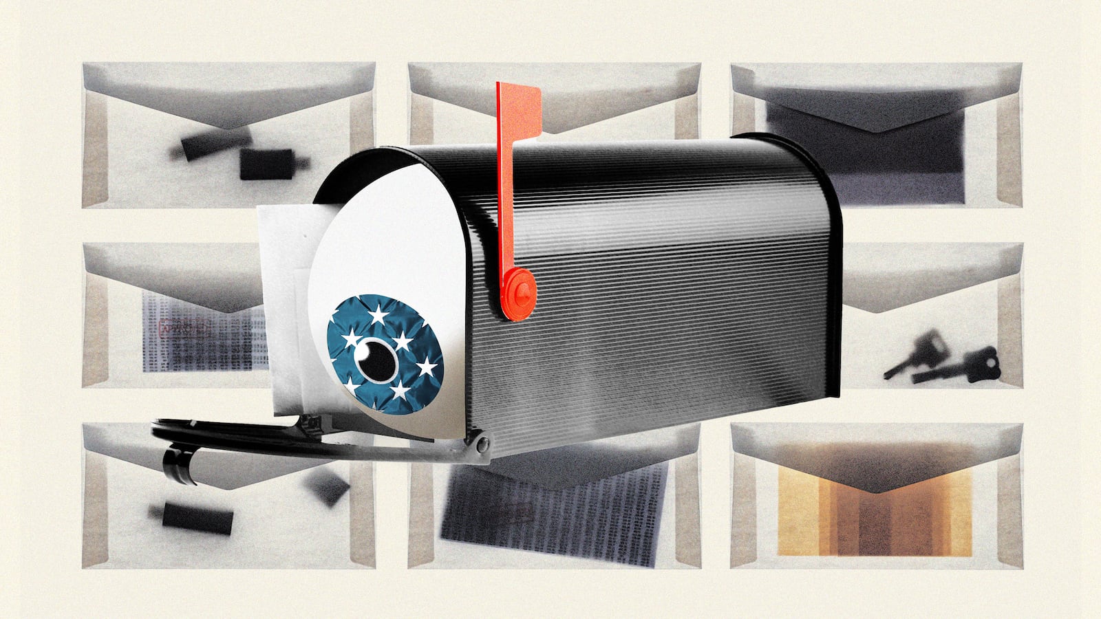 An illustration including a Patriotic Eye, Mailbox, and Transparent Mail Items