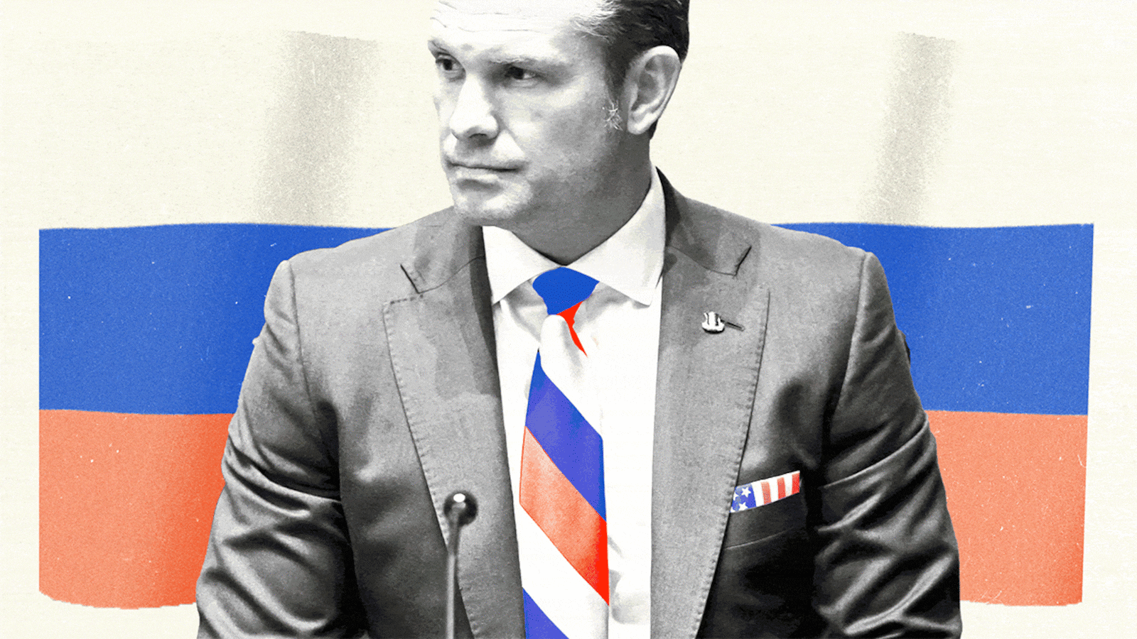Pete Hegseth with a red white and blue tie in front of a russian flag
