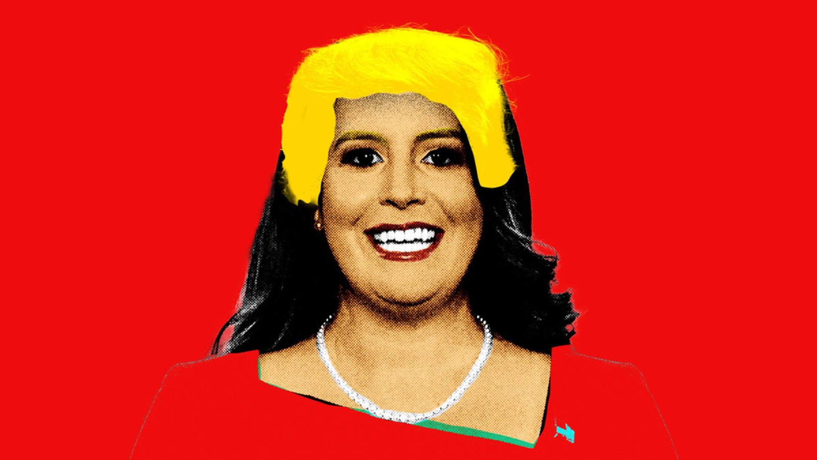 Photo illustration of Elise Stefanik with Trump hair on a red background